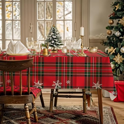 AIBIIN Weihnachten Karierte Tischdecke für Familienessen Rot Tartan Plaid Schneeflocken Weihnachten Wasserdicht Tischdecke für Esszimmer Picknick Geburtstag Party Tischdekoration 142 x 213 cm