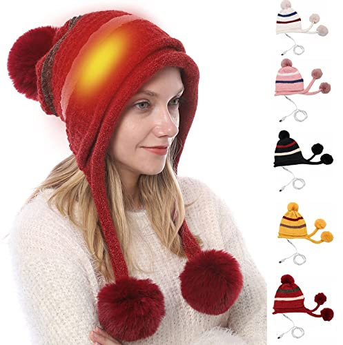 USB Heated Hat Scarf Set, Clearance Women Heated Hat Winter Ear Muffs Knitted Hats Touch Screen Warm Neck Warmer Heating Stripe Splicing Hat Winter Plush Scarf Snood Warm Thick Beanie Cap Scarfs