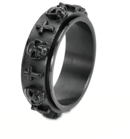 Gualiy Edelstahl Ring für Männer, Schwarz Fidget Spinner Rings 8MM Totenkopf Kreuz Drehbar Ring Größe 62 (19.7)