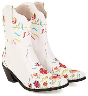 ARPINO Donna Pelle Western Stivaletti Con Bassi Blocco Tacco Cowgirl Corti Stivali Biker Invernali Stivali,Bianca,37 EU