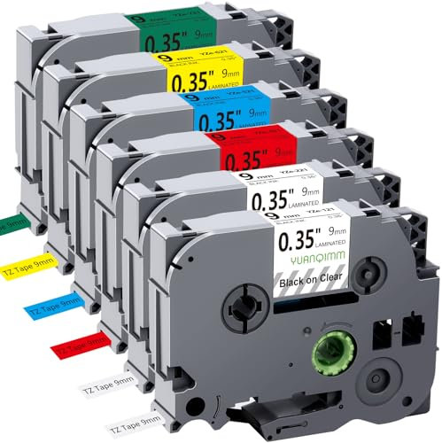 Yuanqimm Kompatibel für Brother P touch Bänder 9mm TZe-221 TZe-121 TZe-421 TZe-521 TZe-621 TZe-721 Laminiert Etikettenband für 9mm 0,35 Schriftband PT-H105 H107 H101 H110 H200 PT-D400 CUBE, 6er Pack