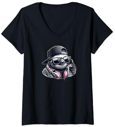 Damen Faultier Sloth in Hip Hop Rapper Cap T-Shirt mit V-Ausschnitt