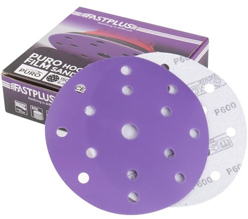 50PCS Purple Film Sandpaper Discs, 6 Inch 15 Hole 150mm Sanding Discs, 600 Grit Ceramic Abrasives Hook & Loop Wet Dry Film Discs for Car Paint Wood Metal Grinding and Polishing