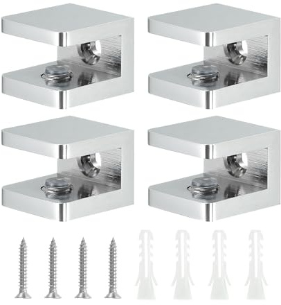 QUARKZMAN Glashalter Glasklemme Glasregal Klemme, 4 Stück Kupfer Silber Verstellbare Glasclip Halterung für 8-10mm dickes Glas, Befestigungswinkel für Glasbodenträger festes Paneel U Klemme