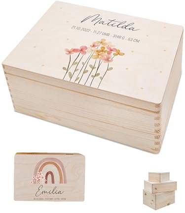 Bärenfreunde - Personalisierte Erinnerungsbox Baby mit Spezial-Druck - Individuelle Baby Erinnerungsbox - Erinnerungskiste aus Holz - Geschenk zur Geburt (M | Klappdeckel,Blumen Punkte)