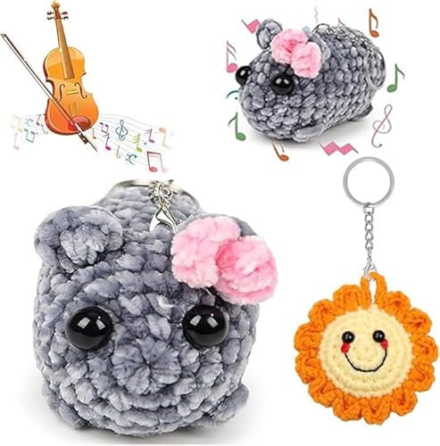 2 pcs Porte-Clés,Porte-clés Poupée Hamster avec Son,Mini Tournesol Smiley Porte-clés,Crochet fait à la main Sad Hamster Porte-clés, Rigolo Cadeaux pour Homme Femme Enfant Couple Collegue