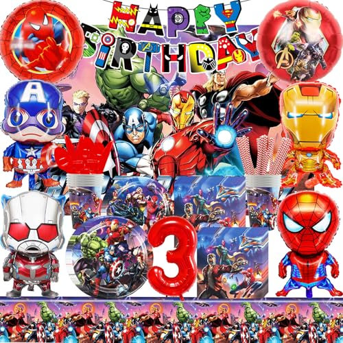HTTMTTS Anniversaire Avenger Décoration 3Ans, Avenger Kit Vaisselle FêTe Garcon, D'anniversaire Deco Bannières Assiettes ,Tasses Nappe Serviettes Fêtes Décorations Enfants(10 invités)