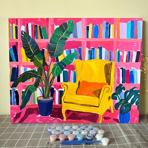 Kit de peinture par numéros pour bibliothèque sur le thème des livres pour adultes, kits de peinture bohème sur toile avec pinceaux et pigments acryliques pour décoration murale d'intérieur sans