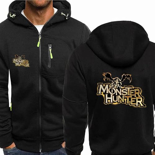 MODRYER Kapuzenpullover Für Herren Mit Reißverschluss Für Monster Hunter Warme Jacke Reißverschlusspullover Kapuzenjacke Sportmantel Mit Taschen,Black-XXL