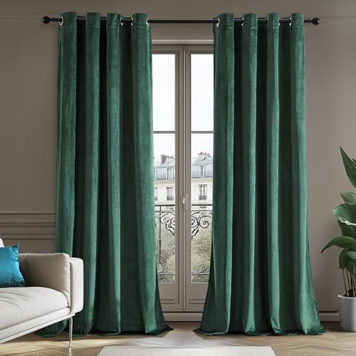 Deconovo 100% Verdunkelungsvorhänge Vorhang Samt Velvet Curtains Samtvorhänge Samtvorhang Blickdicht Gardinen mit Ösen für Schlafzimmer Gardine Wohnzimmer, 240x140cm(HöhexBreite), Dunkelgrün, 2er Set