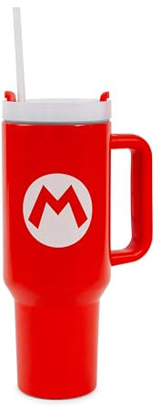 Nintendo Super Mario : Mario Icon – Gobelet de 1134 g – Rouge, acier inoxydable, paille et couvercle, poignée antidérapante, boissons chaudes et froides, gobelet de voyage isotherme sous licence