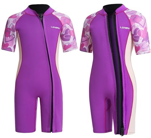 Lansru Muta in neoprene per bambini – 2,0 mm corta in neoprene per ragazzi, con chiusura lampo pionieristica, protezione UV, termica, per surf, nuoto e immersioni