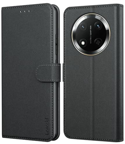 Leacckl for Honor Magic 7 Lite Case, Leather Wallet Case, Flip Case with Card Holder and Magnetic Buckle, Matte Black