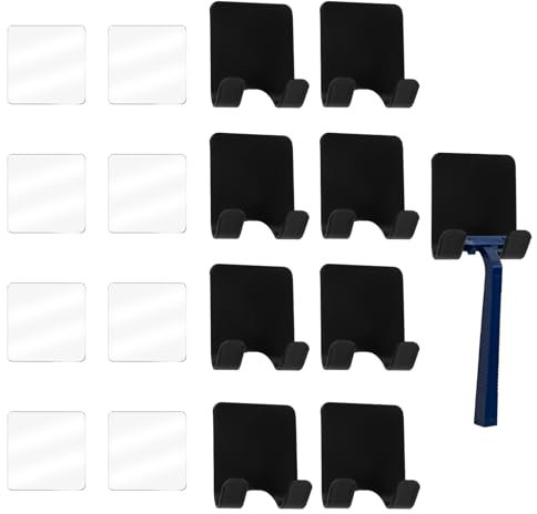 Mewtush 8PCS Rasierer Halterung Dusche Selbstklebend Haken Schwarz, Selbstklebende Rasierer Halter Haken, Handtuchhalter Ohne Bohren, Für T-Förmige Rasierer Und Mehr, Platzsparend Und Praktisch