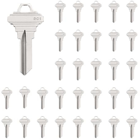 sourcing map 32pcs Key Blanks SC1 Brass Key Blanks Uncut Copper Structures for House Door Lock Replacement, Silver