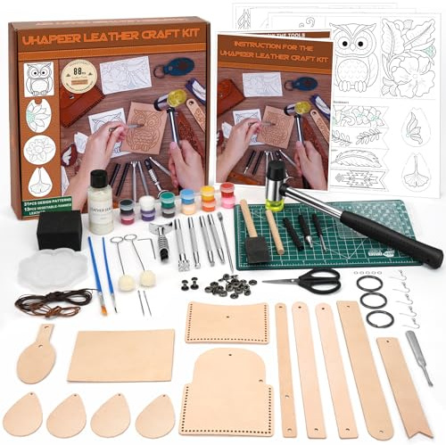 UHAPEER 88 Pcs Leather Working Kit: Leather DIY Craft Tools Set for Beginners with Stamping Dyeing Carving Sewing Edge Sealing with Video Tutorials for Wallets Earrings Keychains Crafts -Holiday Gifts