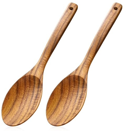 Cucharas de madera para cocinar, 2 cucharas de servir de madera de acacia natural, cuchara de mezcla grande de 12 pulgadas, utensilios de cocina de madera para mezclar, hornear, servir y revolver