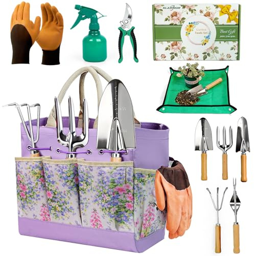 SLARMOR Gartenwerkzeug Set, 11 Stück Edelstahl gartengeräte mit Gartenschere, Garten zubehör Set mit Handschuhen, Blumen-Tragetasche, Sprühflasche, Umtopfmatte - gartenwerkzeuge für Gartenarbeit