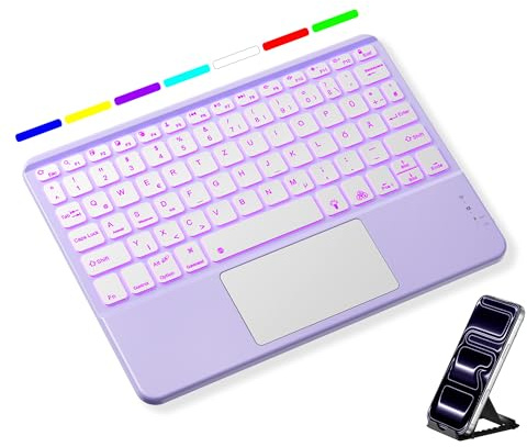 Vobafe Bluetooth Tastatur mit Touchpad, 7-farbiges Backlight iPad Tastatur | Traleicht Kabellose QWERTZ Keyboard mit Trackpad für iPad/Tablet/Laptop/PC/Smartphone(iOS/Windows/Android Systeme), Lavendel