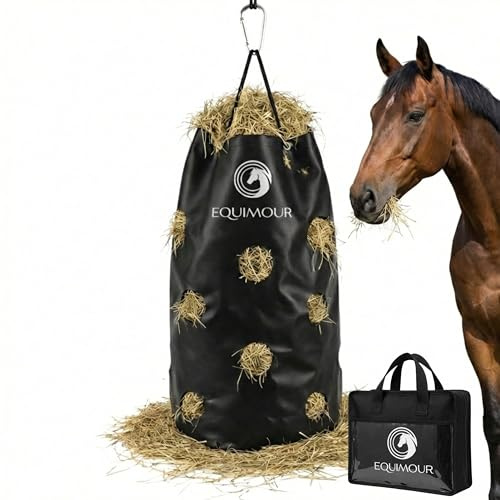 Equimour Heusack 135 L – Slow Feeder für bis zu 10 kg Heu | Wetterfest, mit Karabinerhaken & integrierter Tragetasche – für Stall, Turnier und Transport
