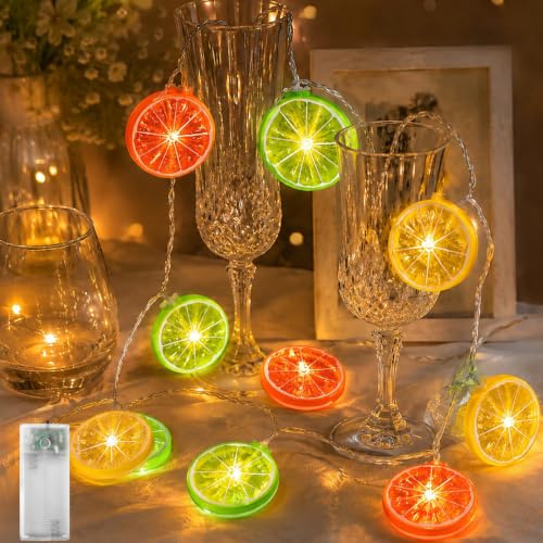 ZingBox Lichterkette Zitronen, 1,5M 10 LED Zitronenlicht Batterie mit Timer, Limetten + Orangenscheiben + Zitronen, Sommer Gelb Zitronendeko für Hawaii, Wohnzimmer, Party, Karneval Deko, Außen & Innen