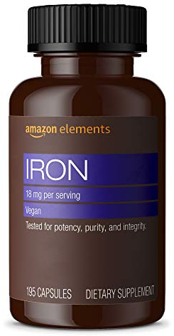 Amazon Elements Iron 18mg Capsules, Supports Red Blood Cell Production, Vegan, 195 Count, 6 month supply (Packaging may vary)