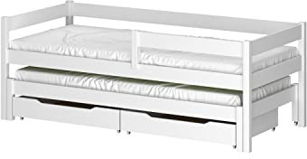 WNM Group Kinderbett Ausziehbar JULA mit Rausfallschutz und Matratzen - Bett mit Schubladen und Lattenrost - Ausziehbett für Jugendliche - Jugendbett - Weiß -160x80/150x70 cm