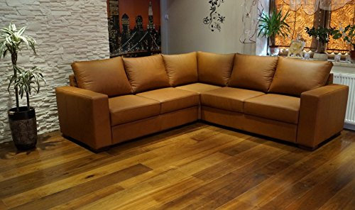 Quattro Meble Echtleder Ecksofa Mallorca RE 245 x 245cm Sofa Couch mit Bettfunktion und Bettkasten Eck Couch Echt Leder Venice Cognac