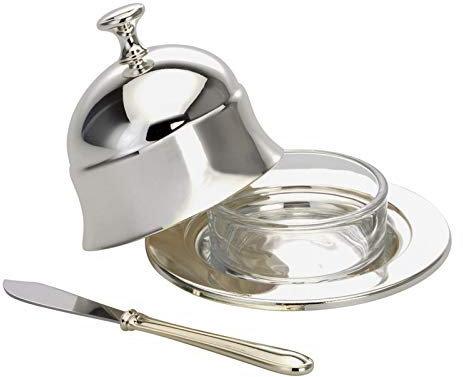 kleine Design Butterdose für 1/4 Pfund Butter (125g) - runde versilberte Butterglocke Ø 11 cm - Mini Butterbehälter mit Glaseinsatz & Butter-Messer - auch als Käseglocke nutzbar