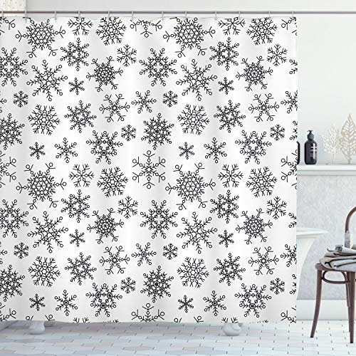 ABAKUHAUS Schneeflocke Duschvorhang, Linie Winter-Motive, Stoffliches Gewebe Badezimmerdekorationsset mit Haken, 175 x 180 cm, Weiß Schwarz
