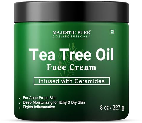 Tea Tree Oil Face Cream by Majestic Pure - Therapeutic Grade, Acne Scar Remover and Pimple Cream, Infused with Ceramides, Fights Acne and Soothes Acne Scars, Face Moisturizer, 8 oz