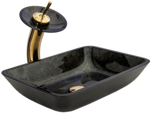 Casa Padrino Designer Waschtisch Set Schwarz/Grün/Gold 46 x 33 x H. 30 cm - Einhebel Wasserhahn mit Glas Waschbecken - Luxus Bad Zubehör
