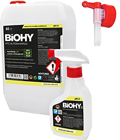 BIOHY Champú para Coches (Bidón de 6 litros) + Botella pulverizadora y Grifo | excelente Poder de Limpieza y formación de Espuma | Produce una Fragancia Fresca y Duradera (KFZ Autoshampoo)