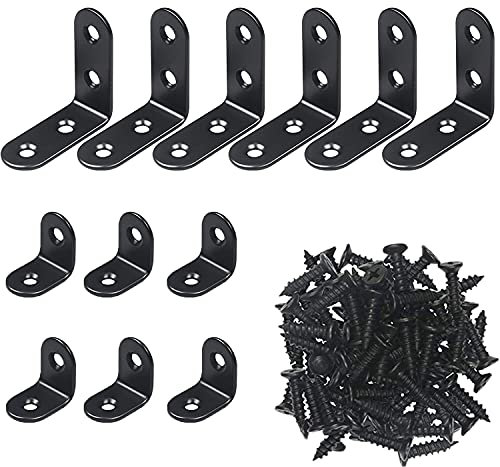 RIVIEVAL L Bracket 12Pcs Metal Bracket for Wood Right Angle Bracket L Shaped Bracket Corner Bracket with 36 Metal Screws for Wood Furniture Cabinet Desk 6pcs40mm 6pcs30mm Small Black