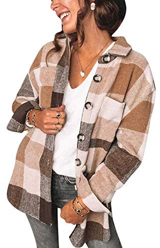 Yming Frauen Casual Plaid Jacke Mantel Tunika mit Brusttaschen Hemdbluse Langarm Kurz Hemdbluse Braun XL