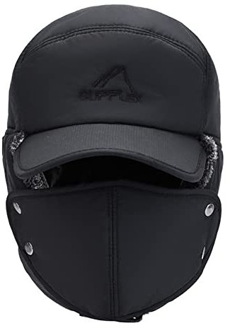 iNszkoos Winter Fliegermütze, Unisex Kunstfellmütze mit Ohrenklappen & Mundschutz für Herren Damen, Warm Trappermütze Bomber Hut, Fellmütze Pilotenmütze Wintermütze für Skifahren Outdoor (Schwarz, L)