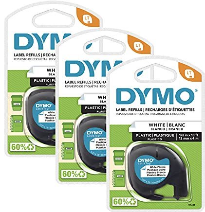 DYMO LT Kunststoff-Etiketten für LetraTag Etikettenhersteller, schwarzer Druck auf weißen Etiketten, 1,27 cm x 33 m Rollen, 3 Stück