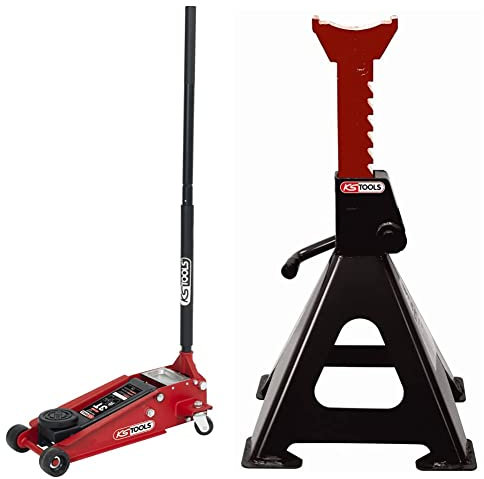 KS TOOLS 161.0366 - Cric Hydraulique 3 Tonnes - en Acier de Notre Gamme Formula Lift 3T - Cric Rouleur avec 2 Roues Directionnelles - Rouge et Noir & Chandelles à Crémaillère, 6 Tonnes - Lot de 2