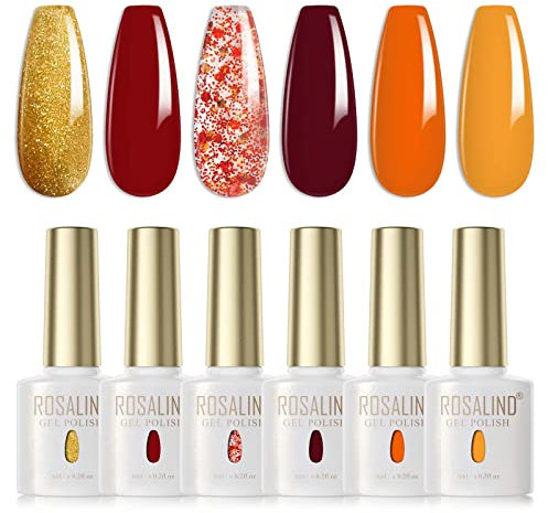 ROSALIND Esmaltes Semipermanentes Oro Rojo Rojo Oscuro Naranja Amarillo 6 Colores Kit Pintauñas Semipermanentes Uñas de Gel UV LED Esmaltes en Gel Nail Polish Colores de Otoño