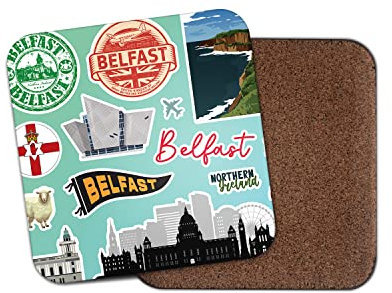 Square Single Coaster - Belfast Northern Ireland Landmarks Map Airport Stamps Flag Travel Holiday Kitchen Mug Cup Drinks House #79132
