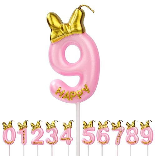 Aomig Geburtstagskerzen Zahlen, Rosa Geburtstagskerze Zahlen für Torte , Zahlenkerze Kerzen Mädchen Geburtstag Kuchendeko Tortendekoration für Geburtstagsfeier Party (Zahl 9)