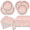 OULUN Pink Glitter Diamond Party Tableware, Princess Birthday Party Set, 20 People, Includes 20 Plates, Napkins, Tablecloth