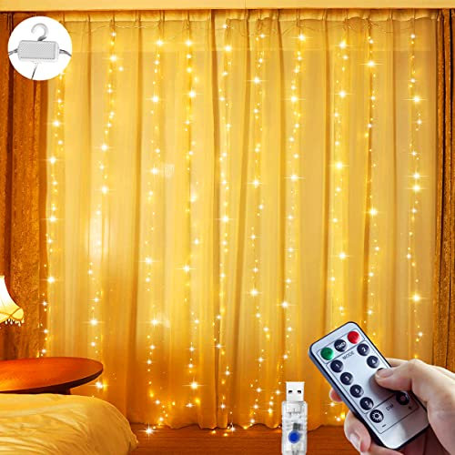 ZYRIVON Guirlande Lumineuse Rideau,3x3M 300LED, 8 Modes Dimmable Minuterie avec Télécommande, IP65 Étanche USB Rideau Lumineux,Blanc Chaud, pour Intérieure Extérieure,Noël Anniversaire Chambre Patio