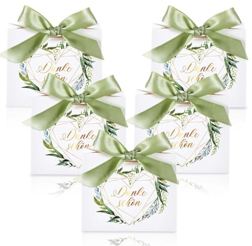 Tenare 50 Stück Dankeschön Geschenktüten mit Schleifen Salbeigrün Danke Papiertüten mit Eukalyptusblättern Kleine Papier Geschenktaschen Gastgeschenk Tüten für Hochzeit Geburtstag Party Weihnachten