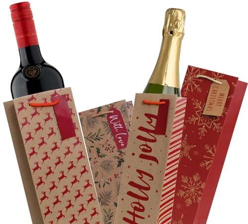 Eco 15 Pcs Kraft Bottle Christmas Wine Gift Bags Reusable Xmas Brown Paper Gift Bag with Gift Tags - 5 Christmas Pattern Designed