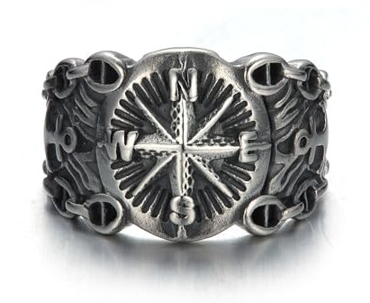 GTHIC Herren-Ring aus Edelstahl, Wikinger-Pirat, Kompass-Ring, Vintage-Stil, nördlicher Marine-Anker, Biker-Ring, Seemann-Amulett, Schmuck, Größe 8