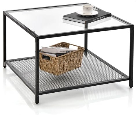 LIFEZEAL Mesa Centro de Vidrio Templado, Mesa de café Cuadrada con Estructura de Metal, Mesa de de Cristal con Estante de Malla Abierto para salón, Oficina (Transparente, con Estante)