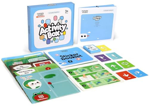 MatataStudio Aktivitätsbox für Tale-Bot Pro Kinder Roboter mit 6 Doppelseitige Interaktive Karten(10 Themen), 98 Interaktive Aufkleber(10 Themen), 32 Befehlskarten, STEM-Lehrspielzeug für Codierspiele
