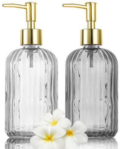 HIYAA Glass Soap, Versatile 14 Oz Dripless Pump Bottle, Refillable Liquid Hand Jar Dispenser for Bathroom, Countertop, Kitchen, Laundry Room (1Clear,1 Grey, 2 Pack), GC