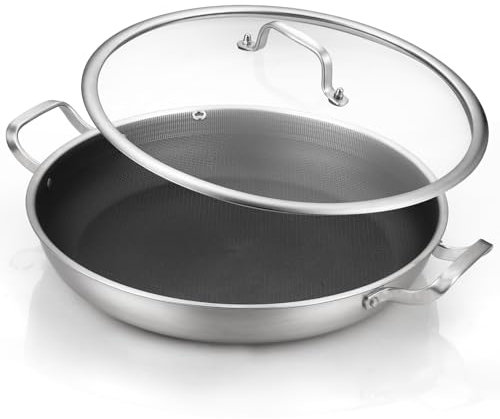 DELARLO Paella Pan 14 Inch Tri-Ply Stainless Steel Paella Pan with Lid Nonstick Frying Pan, Hybird Induction Large Skillets,Great for Paella Parties Indoors Outdoors,Heavy Duty Style
